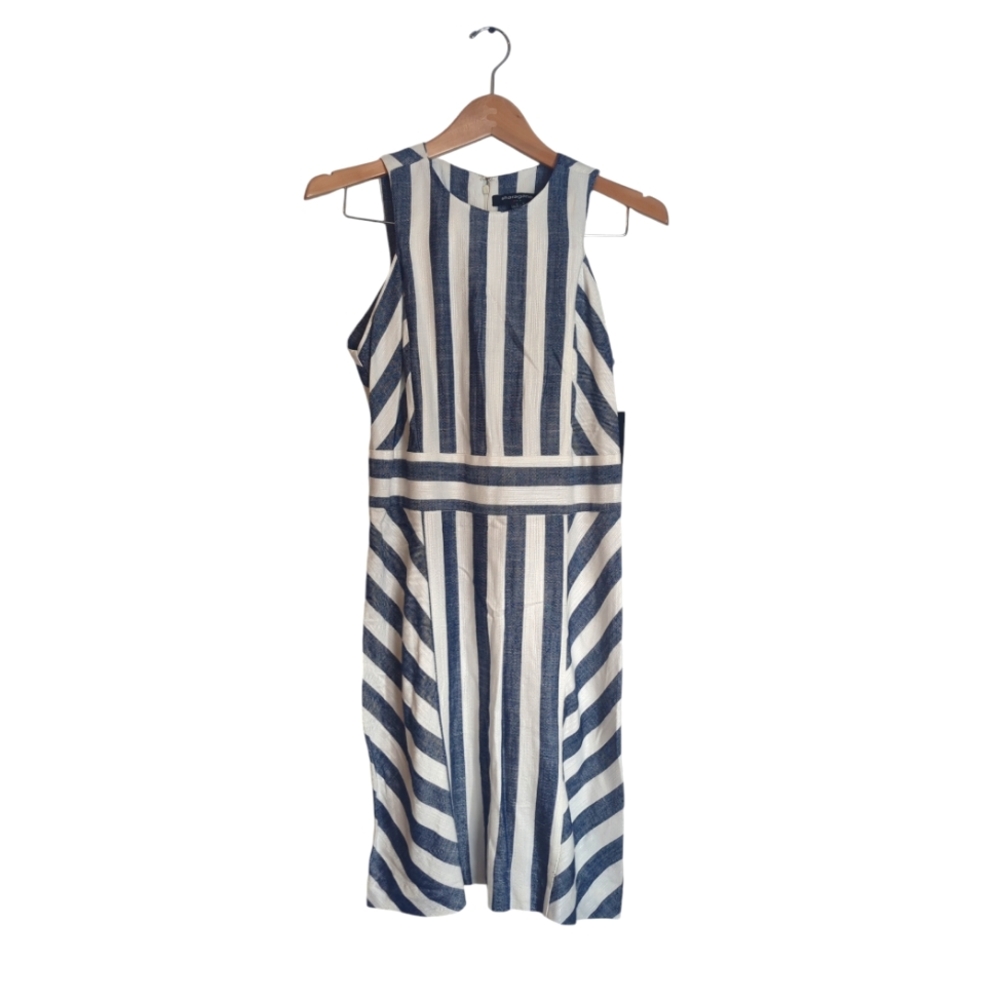 Sharagona Dress Size 4 Preppy Classic Ivory/Navy Striped Mini Dress NWT